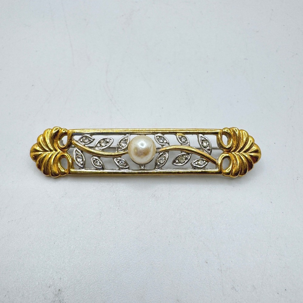 Vintage Two Tone Bar Brooch Faux Pearl Rhinestone Gold Silver Leaf Pin